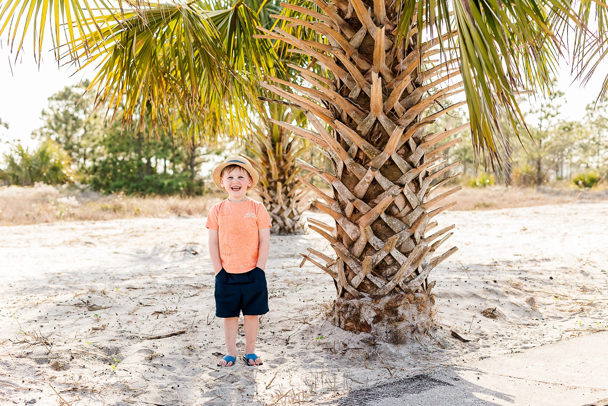 young boy, standing in the sand next to a palm tree, smiling